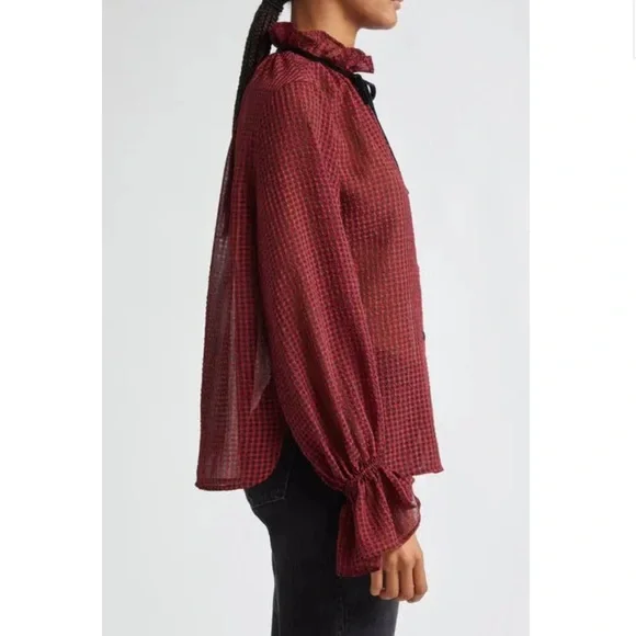 Ganni Red & Black Check Seersucker Tie Neck Shirt ♥️ - Picture 4 of 15